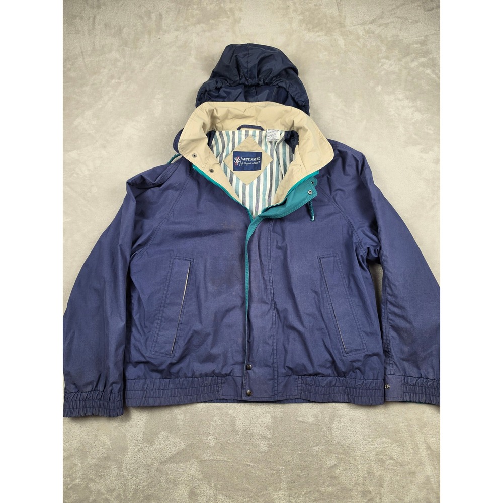 Vintage Austin Reed Jacket Mens M Blue Bomber Hood Full Zip Striped Lining *Read
